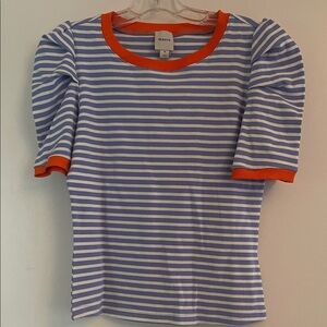 Maeve Blue and White Striped Tee with Orange Accents